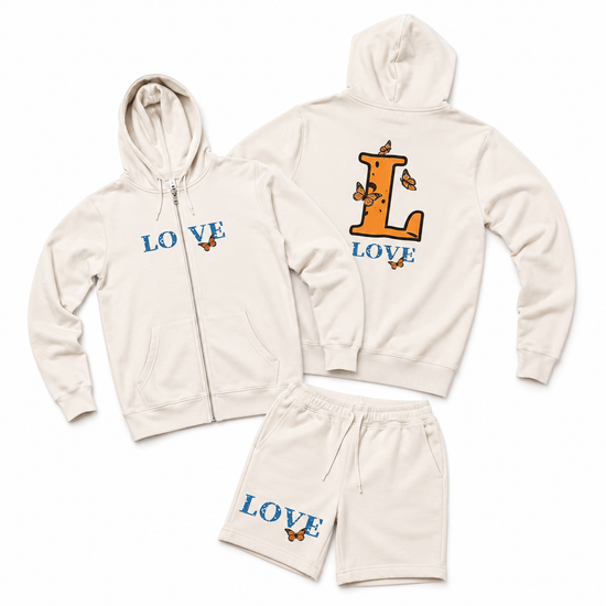 Sudadera con capucha y cremallera premium Love + pantalón corto premium + gorra (varios colores)